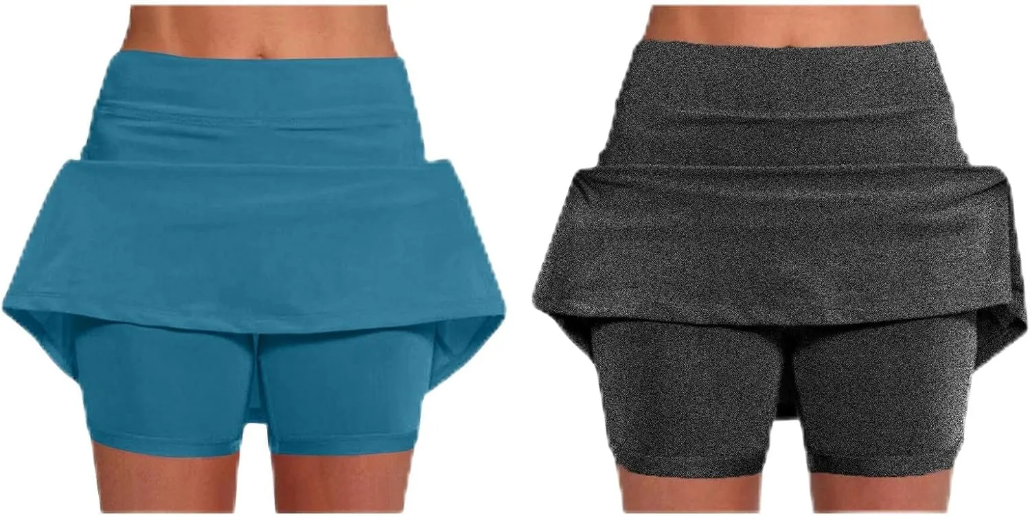 2 Pack Mini Skirts for Women Trendy Casual A Line High Waisted Summer Skorts Plus Size Fitness Athletic Tennis Skirts