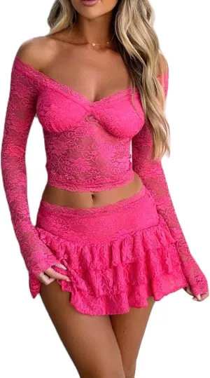 2 Pieces Mini Skirt Set for Women Elegant Lace Crop Top Bodycon Skirts Sheer Mesh Y2K Matching Sets