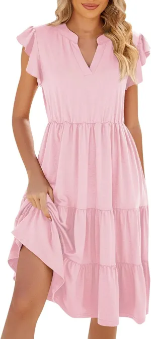 2024 Womens Casual Tiered Dress Cute Sexy V Neck Ruffle Dress Cap Sleeve Swing Midi Dress A-Line Work Beach Vacation Dresses