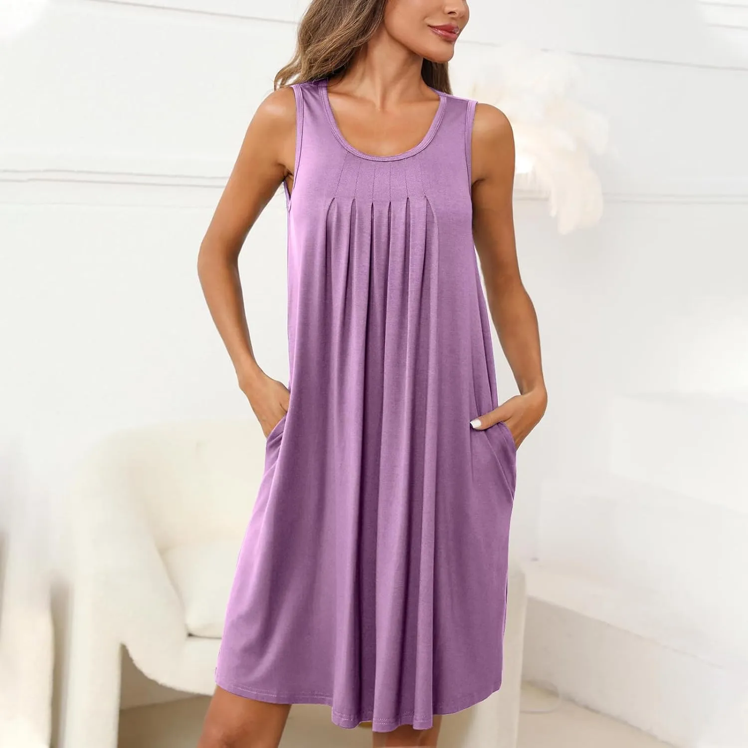 2024 Women's Loose Casul Sleeveless Solid Ruffle Crew Neck Sundresses with Pockets A-Line Beach Vacation Mini Dress
