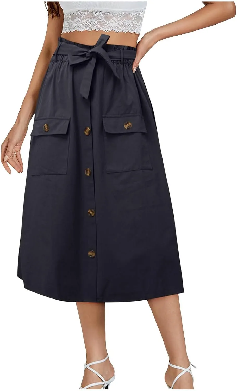 2024 Women's Skirts Summer New Literary Solid Color Button Midi Skirt Women's Woman Elastic Waist Cotton Linen A