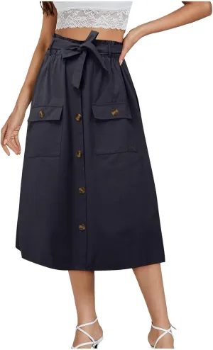 2024 Women's Skirts Summer New Literary Solid Color Button Midi Skirt Women's Woman Elastic Waist Cotton Linen A