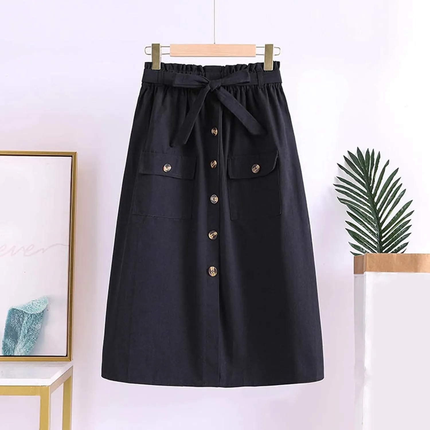 2024 Women's Skirts Summer New Literary Solid Color Button Midi Skirt Women's Woman Elastic Waist Cotton Linen A