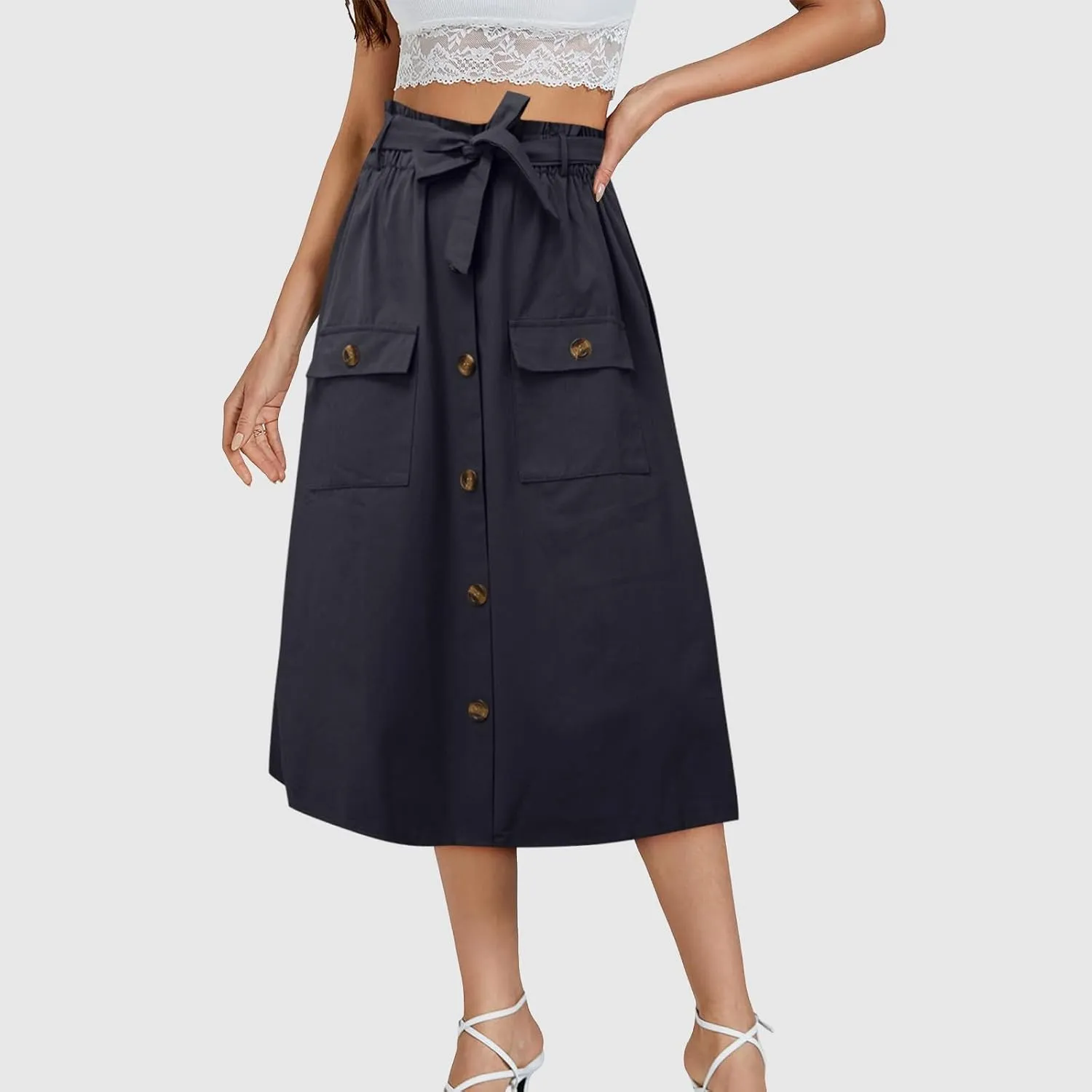 2024 Women's Skirts Summer New Literary Solid Color Button Midi Skirt Women's Woman Elastic Waist Cotton Linen A