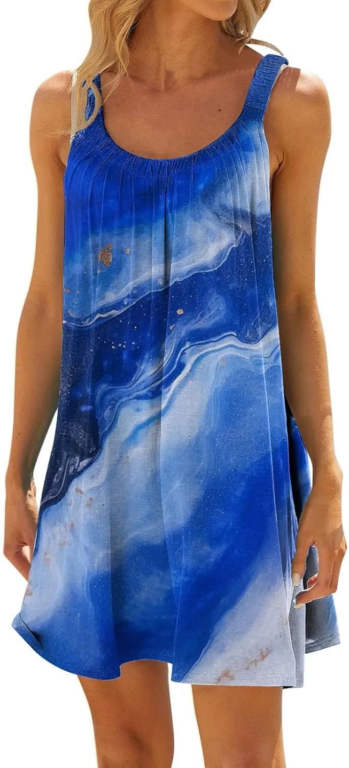2024 Women's Sundress Summer Trendy Pleated Tank Dress Cute Sleeveless Crew Neck Mini Dresses Beach Vacation Sun Dress