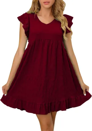 2025 Womens Summer Dresses Casual Ruffle Short Sleeve Smocked V Neck Dress Loose A-Line Swing Mini Dress Sundress