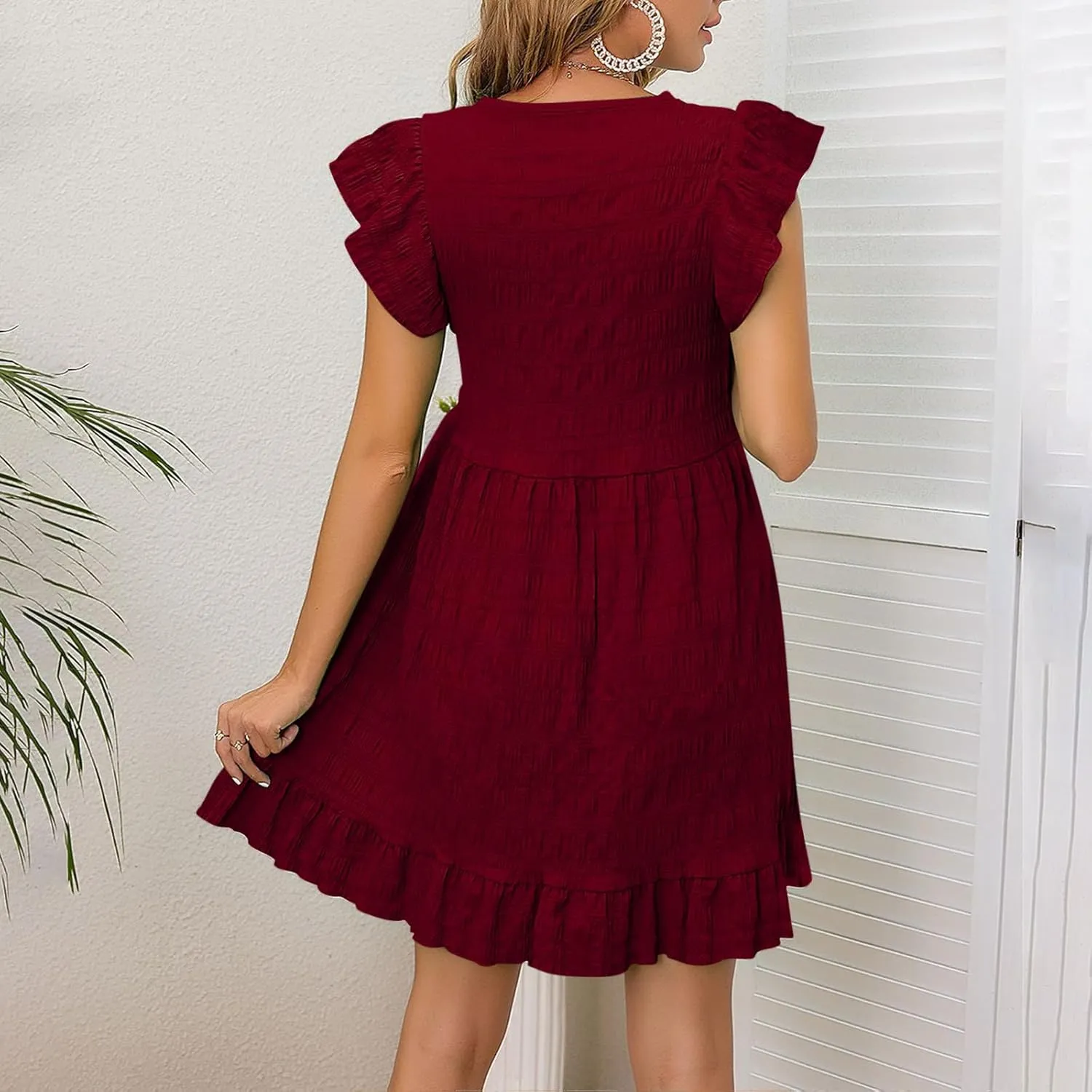 2025 Womens Summer Dresses Casual Ruffle Short Sleeve Smocked V Neck Dress Loose A-Line Swing Mini Dress Sundress