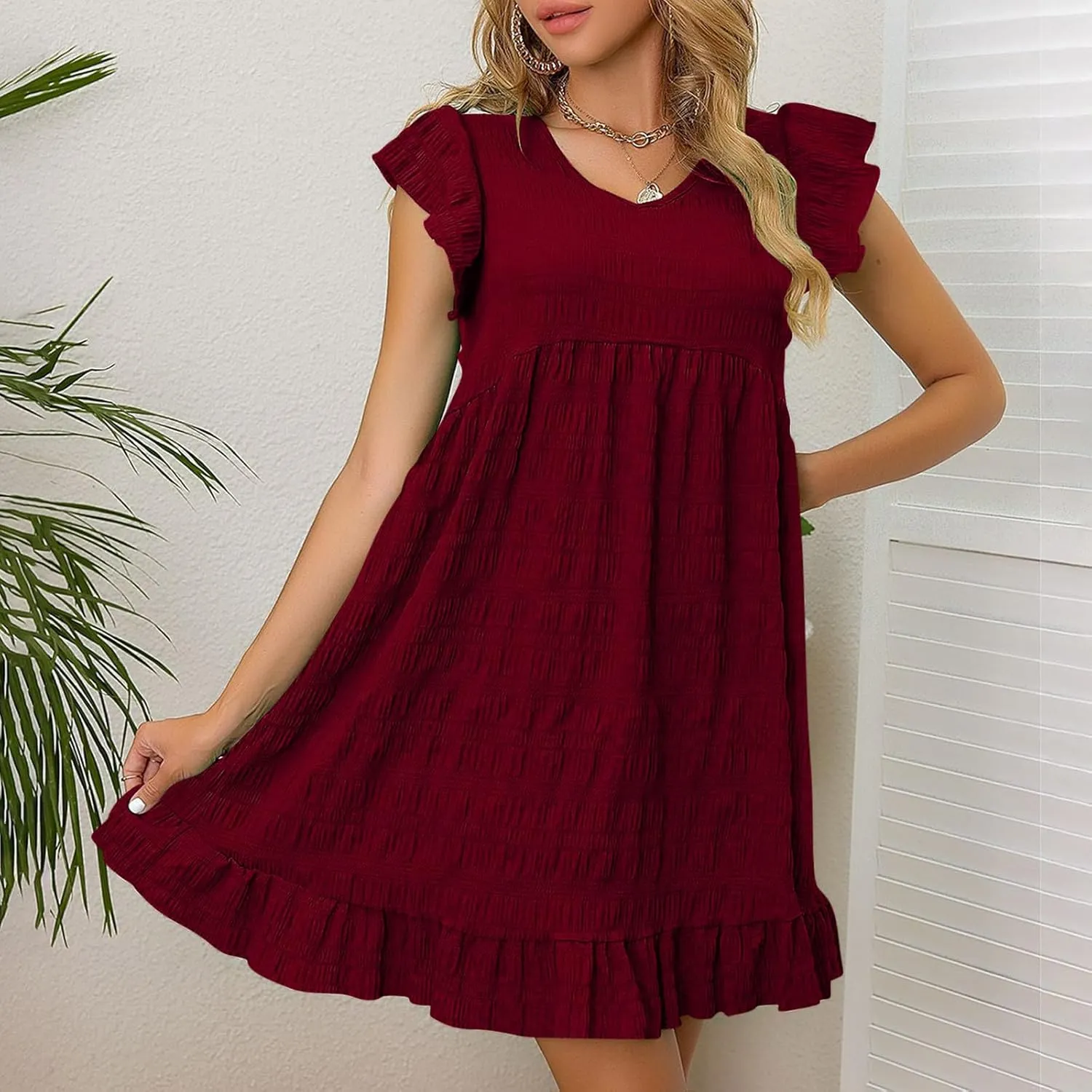 2025 Womens Summer Dresses Casual Ruffle Short Sleeve Smocked V Neck Dress Loose A-Line Swing Mini Dress Sundress