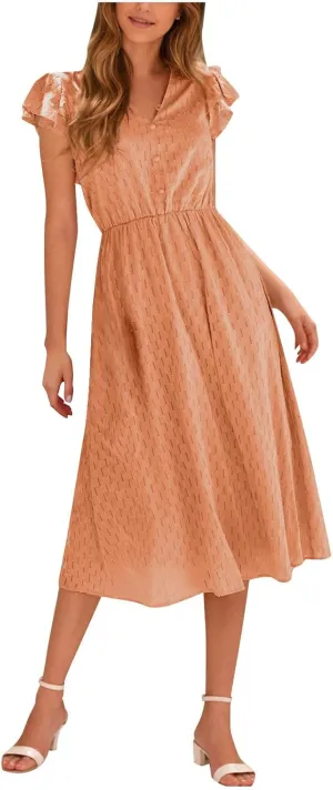 2025 Women's Summer Midi Dress Ruffle Cap Sleeve V-Neck Casual A Line Dress Beach Party Vacation Lace Sun Dresses