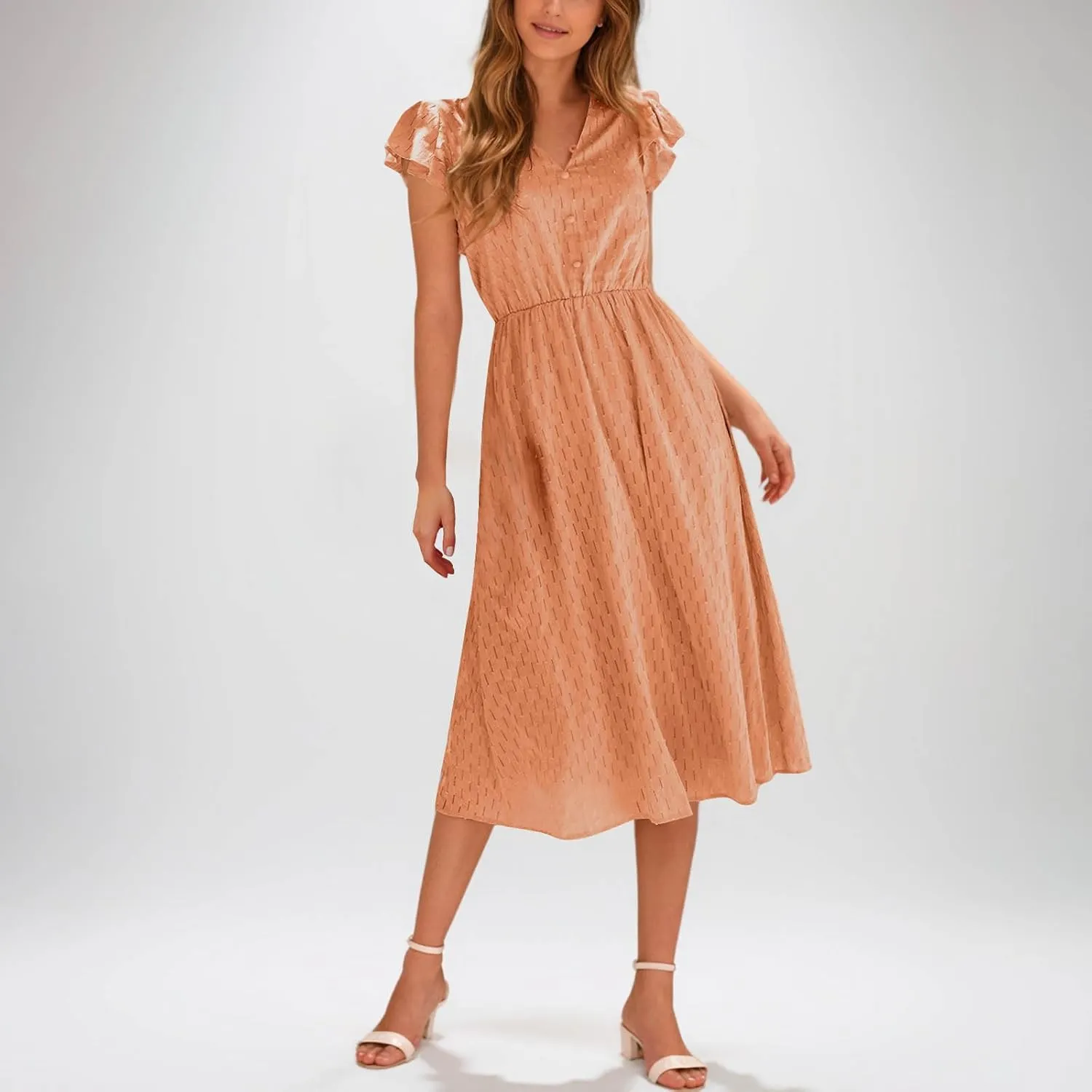 2025 Women's Summer Midi Dress Ruffle Cap Sleeve V-Neck Casual A Line Dress Beach Party Vacation Lace Sun Dresses