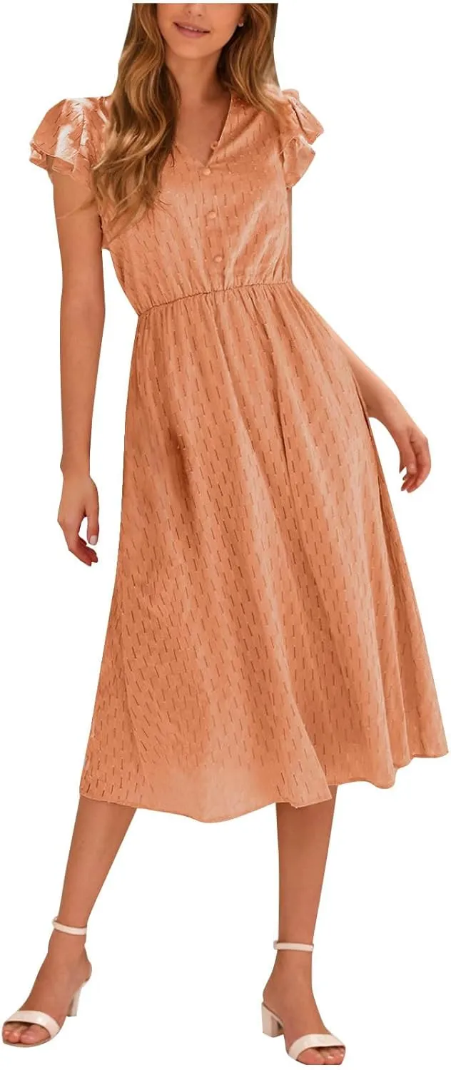 2025 Women's Summer Midi Dress Ruffle Cap Sleeve V-Neck Casual A Line Dress Beach Party Vacation Lace Sun Dresses