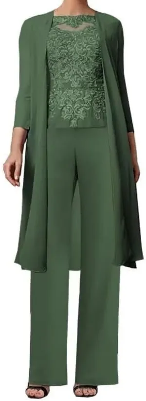 3 Pieces Mother of The Bride Pant Suits for Wedding with Jacket Lace Appliques Formal Pantsuits for Women