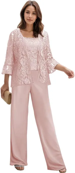 3 Pieces Mother of The Bride Pant Suits with Jacket Long Sleeves Lace Chiffon Outfit Formal Evening Dress for Wedding