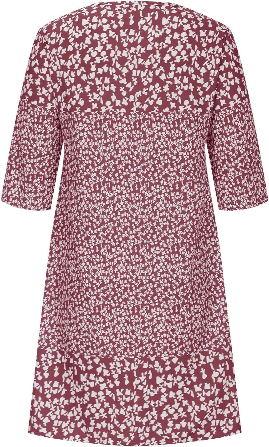 3/4 Sleeve Knee Length Dress for Women 2024 Casual Comfy Loose Fit Midi Dresses Womens Summer Boho Floral Dresses