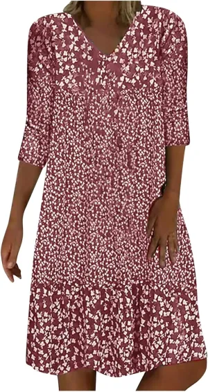 3/4 Sleeve Knee Length Dress for Women 2024 Casual Comfy Loose Fit Midi Dresses Womens Summer Boho Floral Dresses
