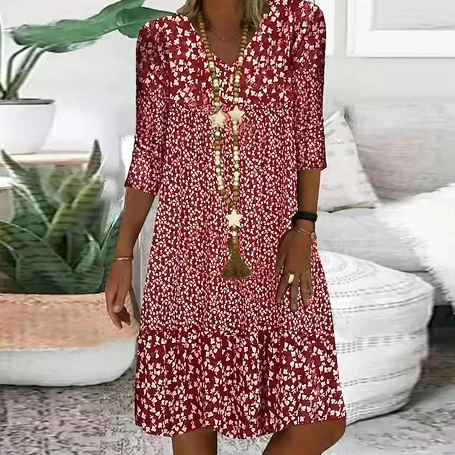 3/4 Sleeve Knee Length Dress for Women 2024 Casual Comfy Loose Fit Midi Dresses Womens Summer Boho Floral Dresses