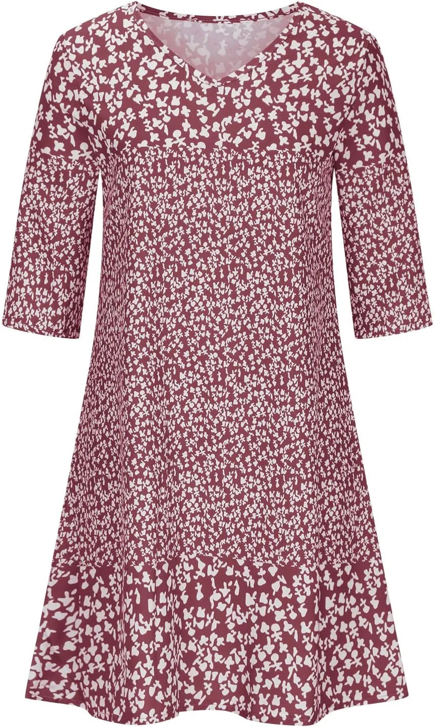 3/4 Sleeve Knee Length Dress for Women 2024 Casual Comfy Loose Fit Midi Dresses Womens Summer Boho Floral Dresses