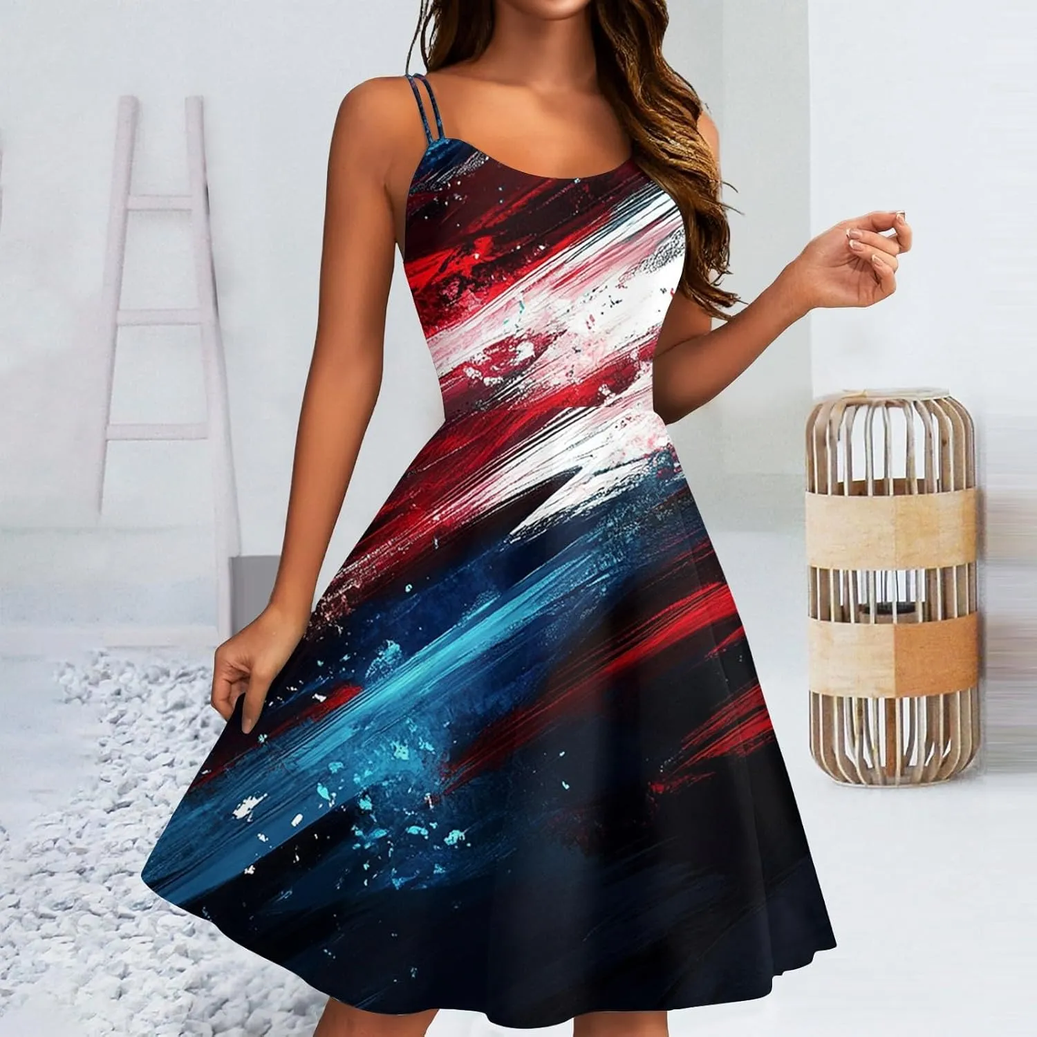4Th of July Sundress for Women Midi Red White and Blue Dresses Sleeveless Patriotic Dress Holiday Festival Dresses