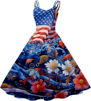 50s Style Dresses for Women Vintage American Flag Printed Cocktail Party Swing A Line Midi 2025 Summer Evening Dress