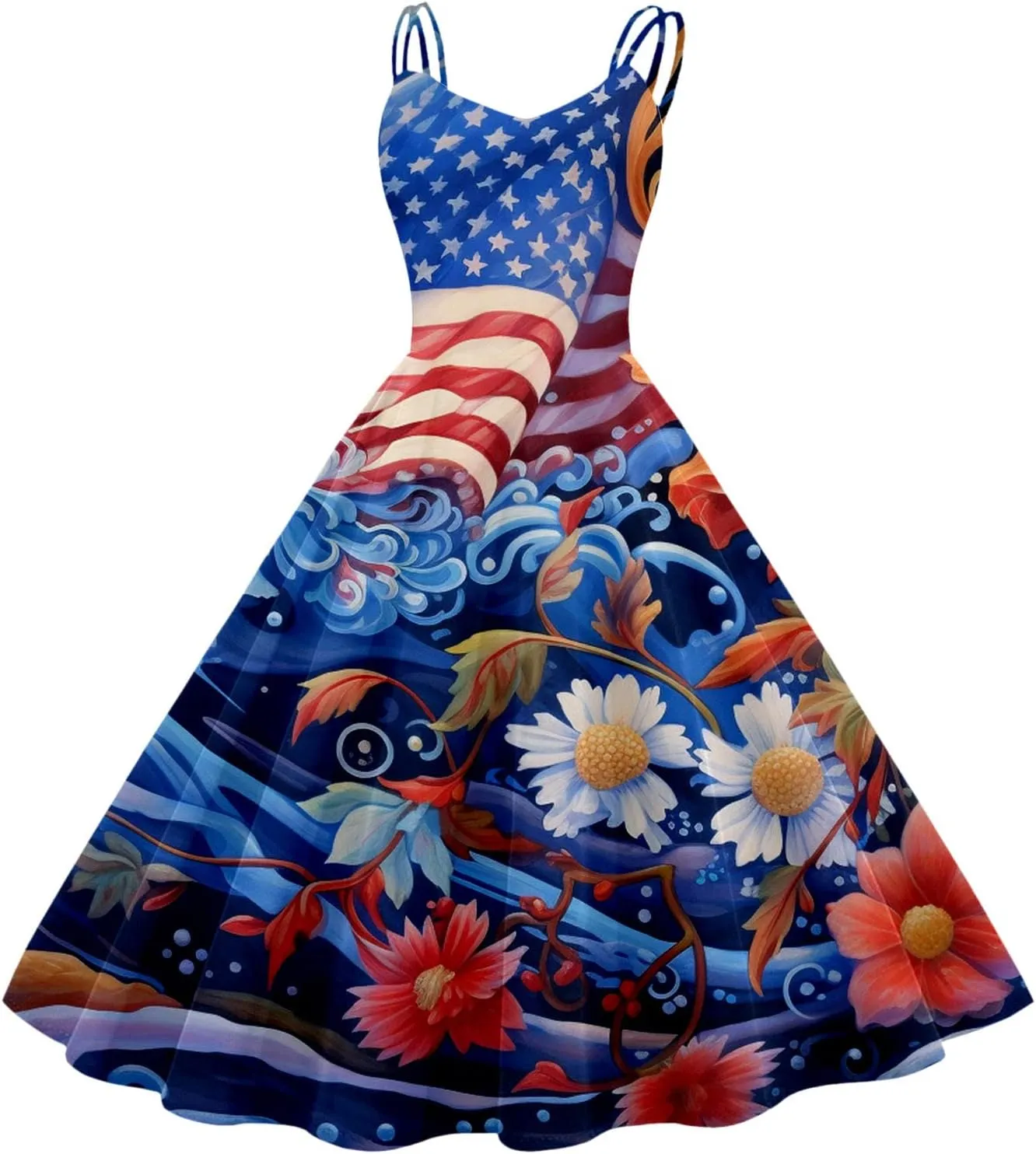 50s Style Dresses for Women Vintage American Flag Printed Cocktail Party Swing A Line Midi 2025 Summer Evening Dress