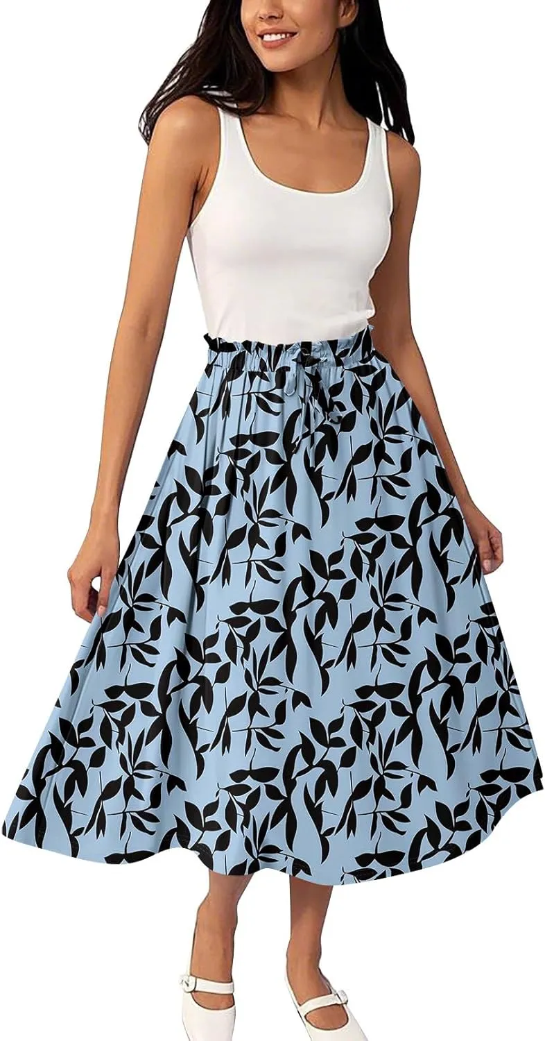 ADHOWBEW Boho Skirts for Women Cute Beach Plus Size Ruffle Trendy A Line Midi Length High Waisted Casual Flowy Spring Skirts