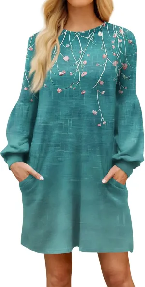 ADHOWBEW Dresses for Women 2025 Round Neck Sexy Plus Size Casual Trendy Long Sleeve Work Dress Long Sleeve