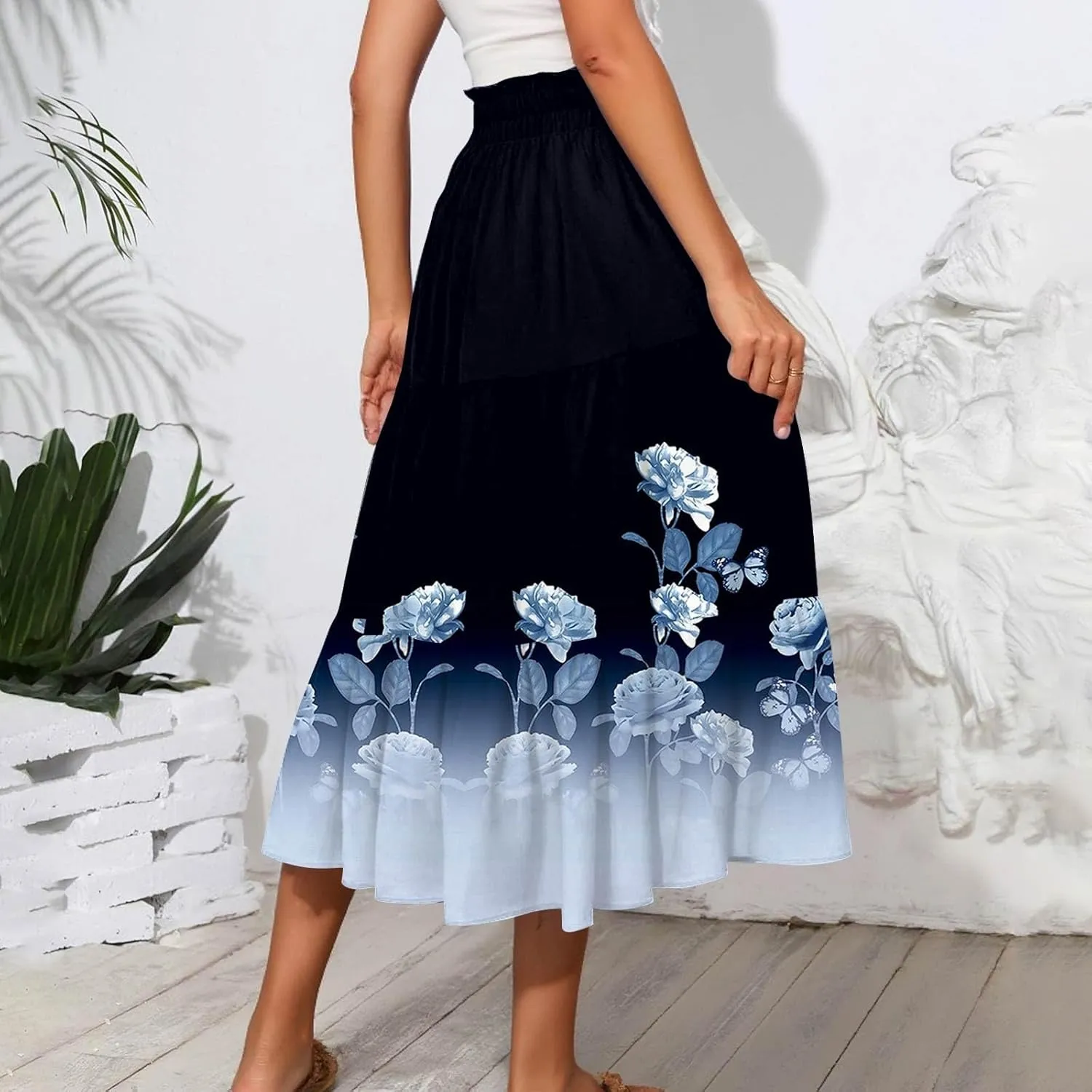 ADHOWBEW Maxi Skirts for Women Summer Beach Cotton Casual Floral Print Trendy Smocked High Waist Skirts