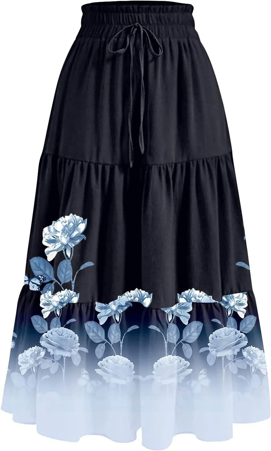 ADHOWBEW Maxi Skirts for Women Summer Beach Cotton Casual Floral Print Trendy Smocked High Waist Skirts