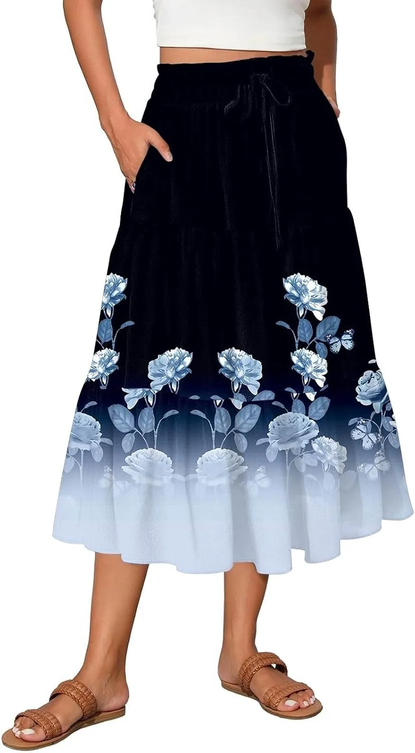 ADHOWBEW Maxi Skirts for Women Summer Beach Cotton Casual Floral Print Trendy Smocked High Waist Skirts