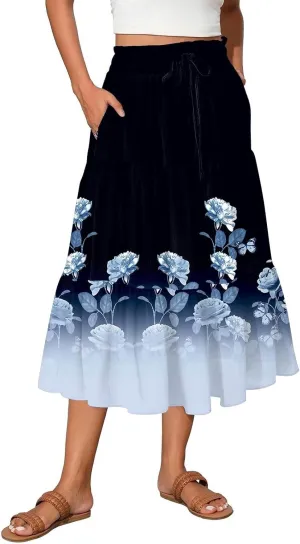 ADHOWBEW Maxi Skirts for Women Summer Beach Cotton Casual Floral Print Trendy Smocked High Waist Skirts