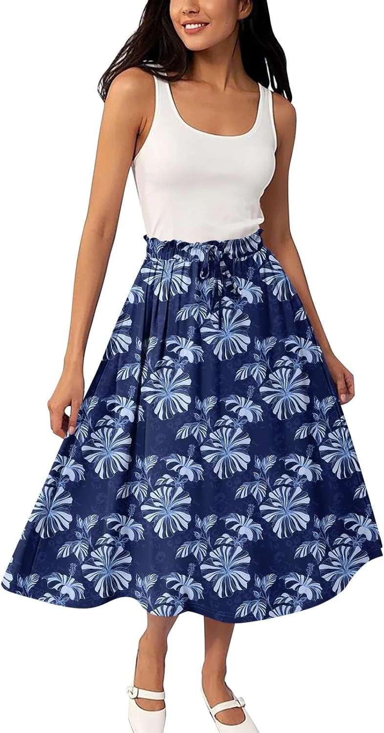 ADHOWBEW Pleated Skirts for Women Trendy Plus Size Flowy Beach Ruffle A Line Midi Length High Waisted Casual Summer Skirts