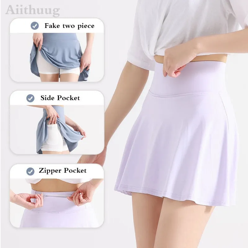 Aiithuug Side Pocket Zipper Tennis Skirt Athletic Pleated Mini Skirt