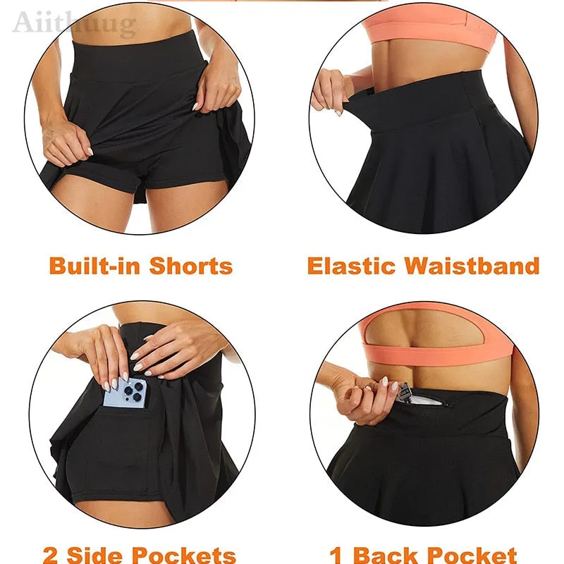 Aiithuug Side Pocket Zipper Tennis Skirt Athletic Pleated Mini Skirt