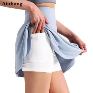 Aiithuug Side Pocket Zipper Tennis Skirt Athletic Pleated Mini Skirt