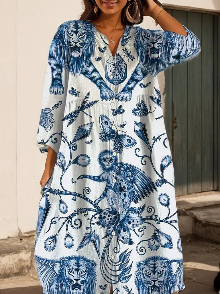 Akivide Women's Summer Boho Floral Print Button Down Shirt Dress with Pocket Casual Colorful Graphic Long Sleeve Maxi Dresses