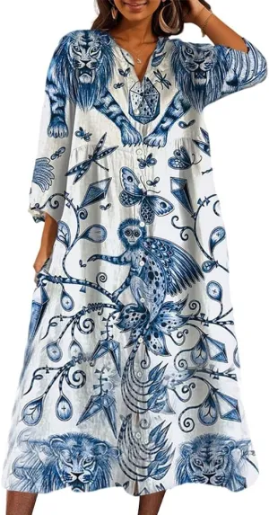 Akivide Women's Summer Boho Floral Print Button Down Shirt Dress with Pocket Casual Colorful Graphic Long Sleeve Maxi Dresses