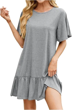 Akklian Women's Short Sleeve Flowy Swing T Shirt Dress 2025 Basic Plain Babydoll Cute Casual Pockets Ruffle Hem Mini Dresses