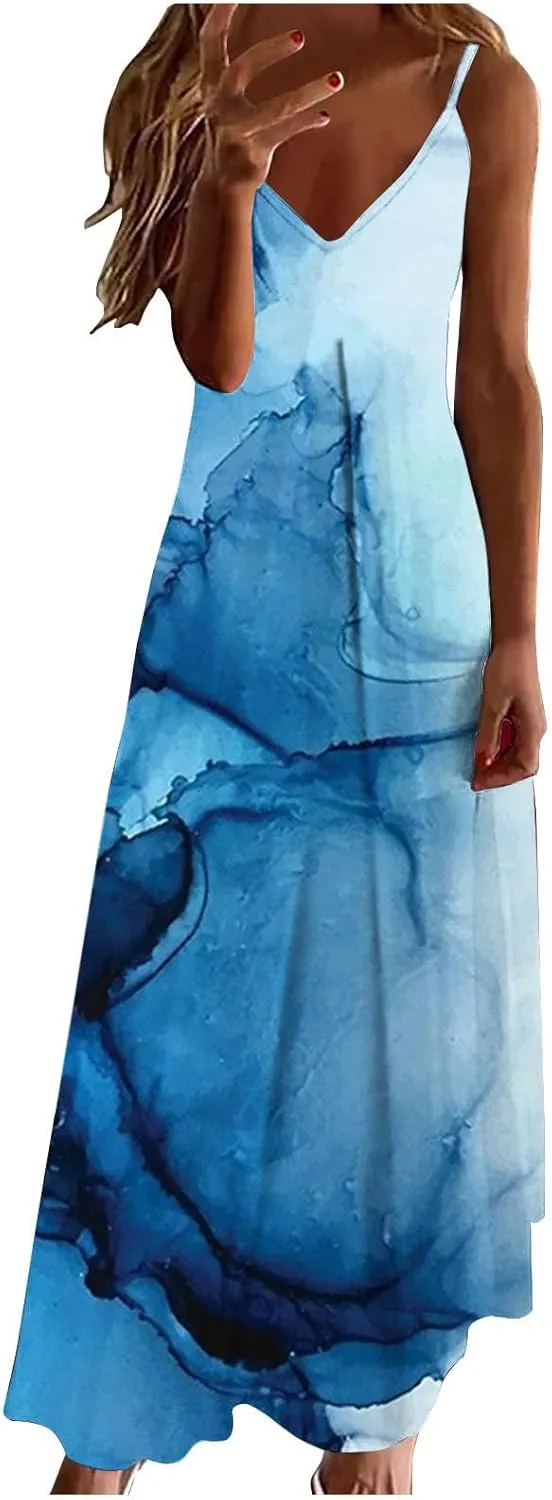 Amazon Deals Today Women's Summer Spaghetti Strap Elegant Long Dresses Plus Size Vacation Flowy Beach Dress Loose Floor Length Dress Womens Dresses Blue XL