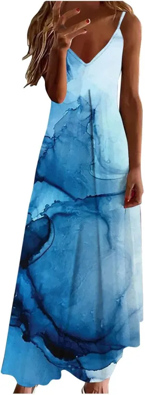 Amazon Deals Today Women's Summer Spaghetti Strap Elegant Long Dresses Plus Size Vacation Flowy Beach Dress Loose Floor Length Dress Womens Dresses Blue XL