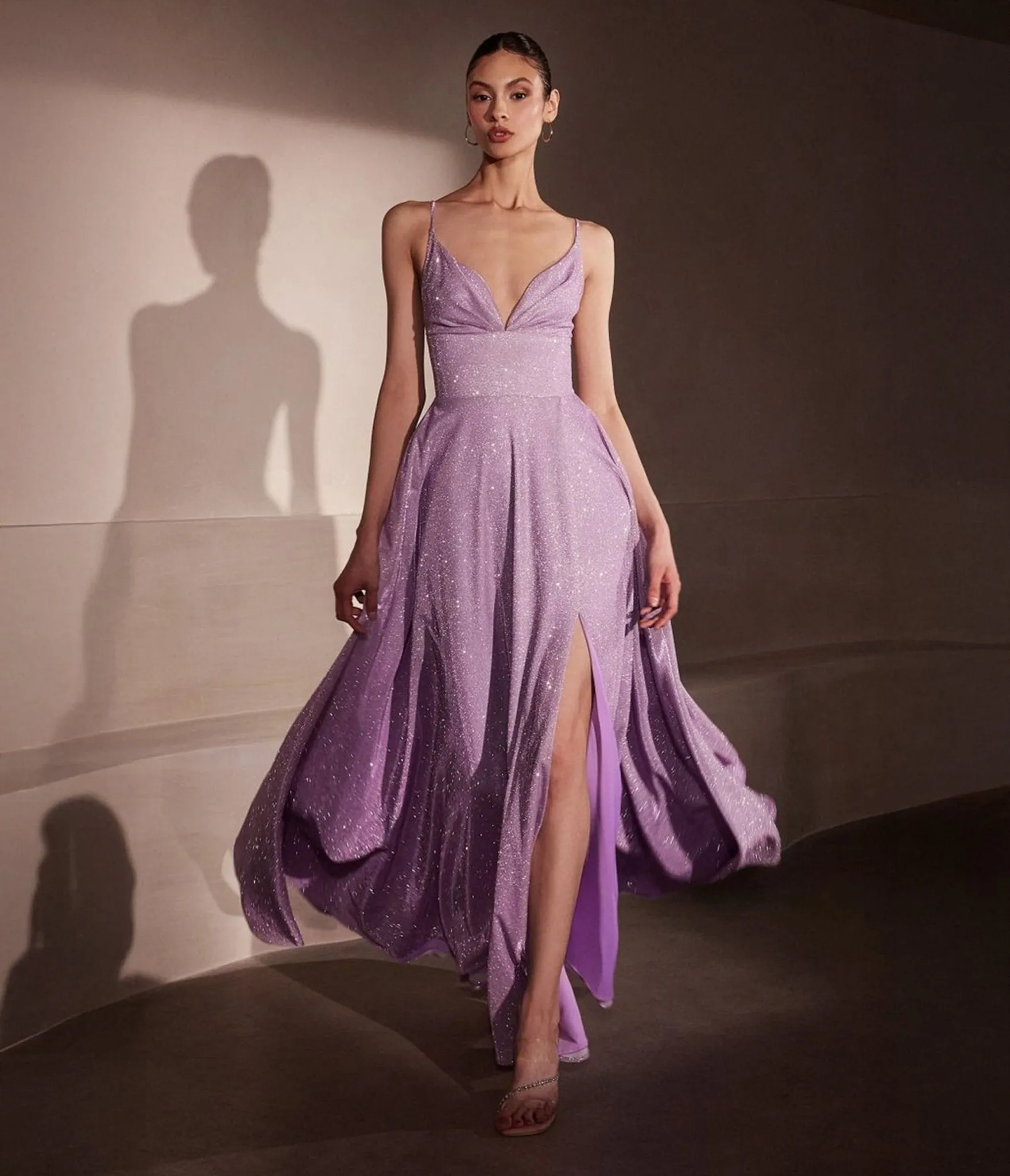 Amoris by Cinderella Divine Lavender Glitter V-Neck A-Line Slit Prom Gown