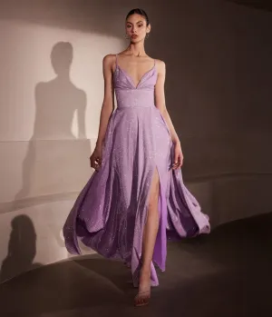 Amoris by Cinderella Divine Lavender Glitter V-Neck A-Line Slit Prom Gown