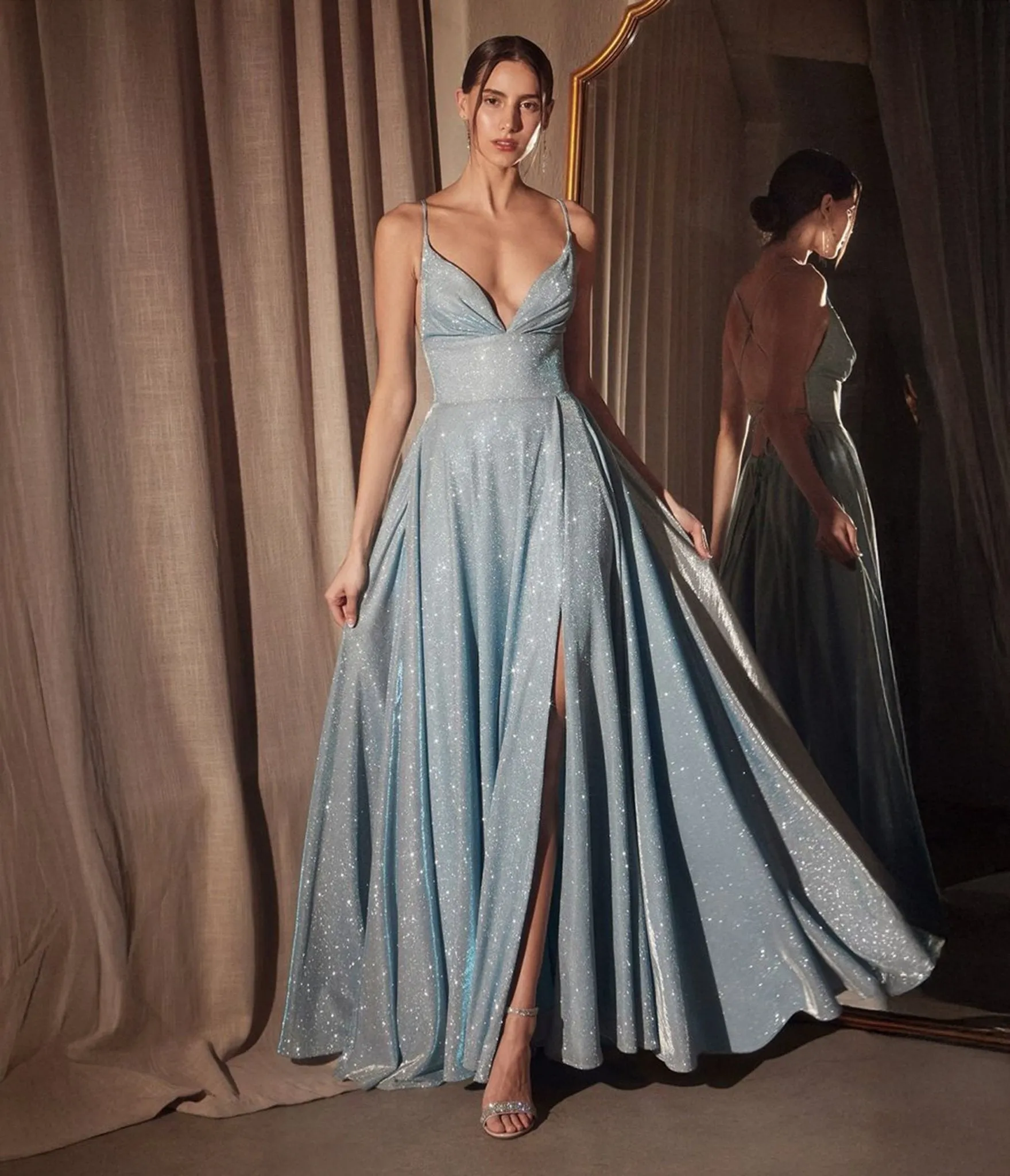 Amoris by Cinderella Divine Light Blue Glitter V-Neck A-Line Slit Prom Gown