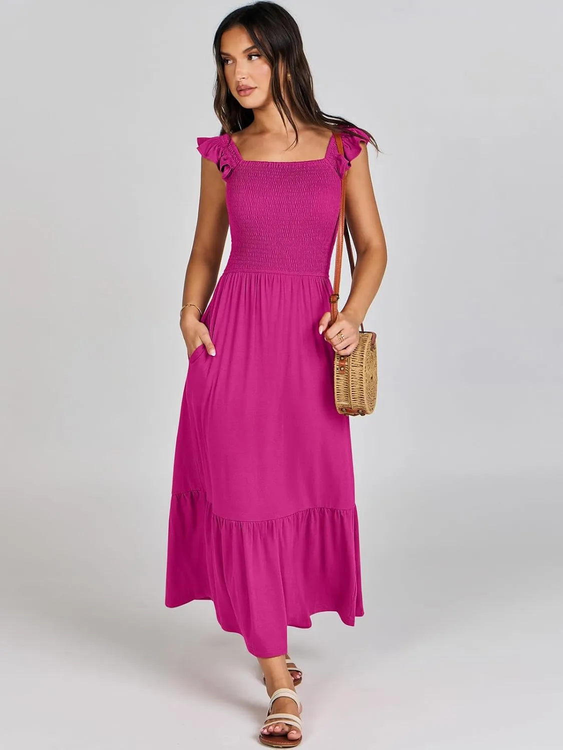 ANRABESS Womens Square Neck Maxi Dress Ruffle Sleeveless Smocked Casual Summer Beach Sundress with Pockets