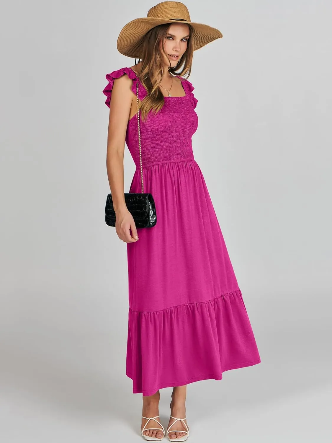 ANRABESS Womens Square Neck Maxi Dress Ruffle Sleeveless Smocked Casual Summer Beach Sundress with Pockets