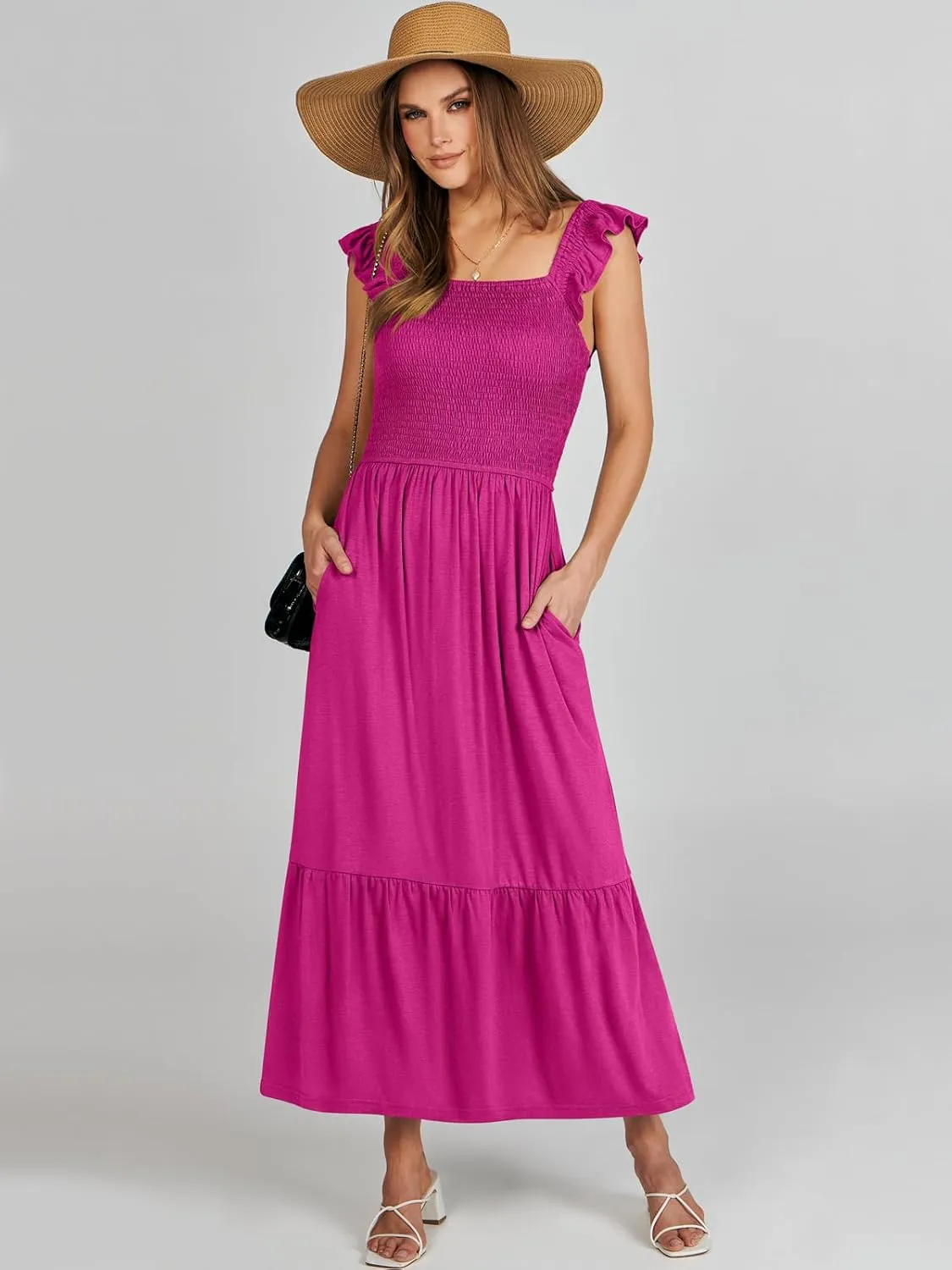 ANRABESS Womens Square Neck Maxi Dress Ruffle Sleeveless Smocked Casual Summer Beach Sundress with Pockets