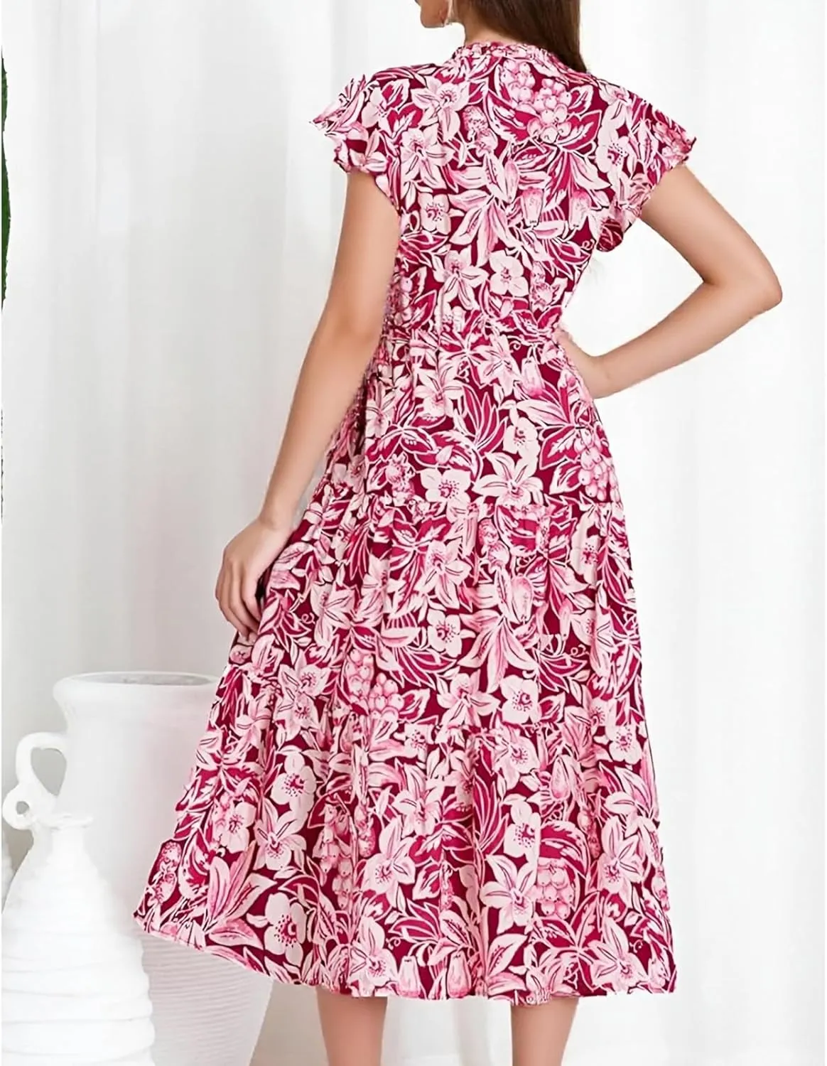 Beach Vacation Clothes for Women Summer Casual Trendy Short Sleeve V-Neck Floral Print Flowy Maxi Dresses, S-2XL