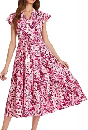 Beach Vacation Clothes for Women Summer Casual Trendy Short Sleeve V-Neck Floral Print Flowy Maxi Dresses, S-2XL