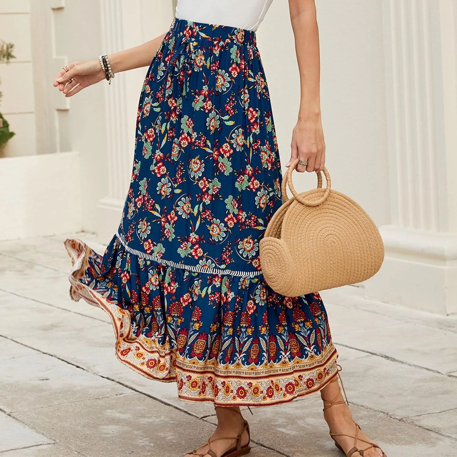 Beach Vacation Clothes for Women Summer Loose Casual Trendy Vintage Floral Printed Elastic Waist Boho Skirts, S-XL