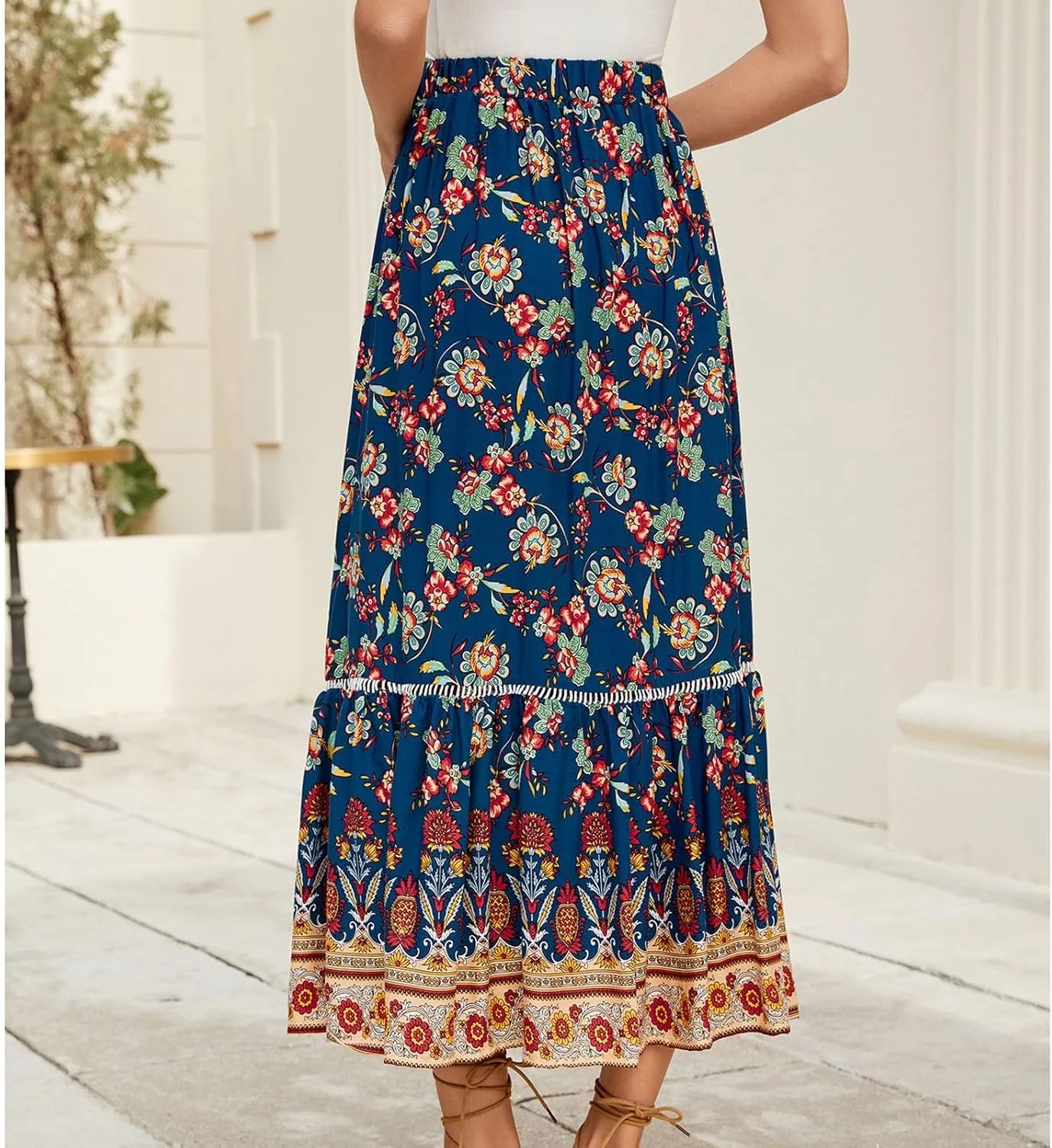 Beach Vacation Clothes for Women Summer Loose Casual Trendy Vintage Floral Printed Elastic Waist Boho Skirts, S-XL