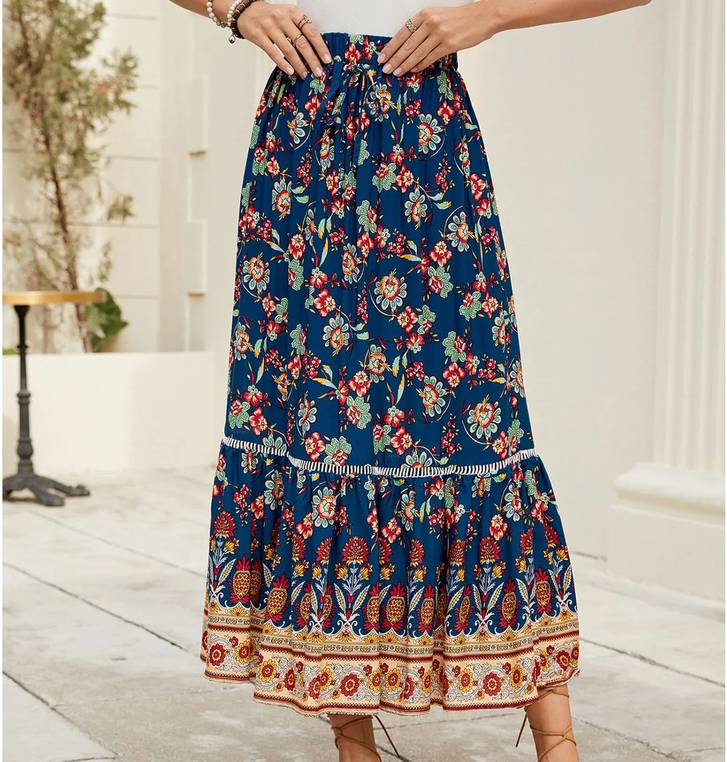 Beach Vacation Clothes for Women Summer Loose Casual Trendy Vintage Floral Printed Elastic Waist Boho Skirts, S-XL